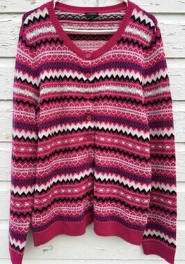 Talbots Cardigan Sweater Pink Womens Large Lambswool Snowflakes Winter Holiday